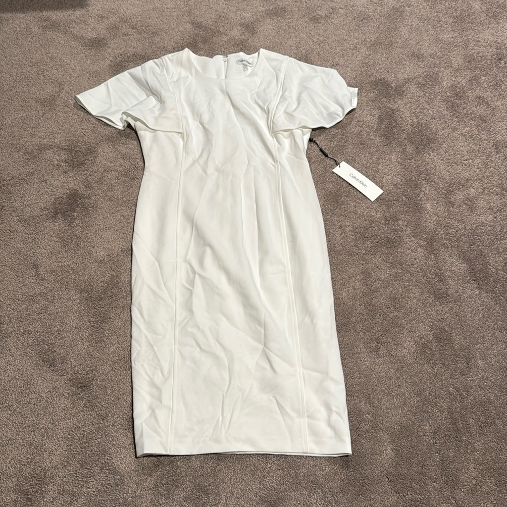 Calvin Klein White Sheath Midi Dress Size 10 Nwt Short Sleeve Workwear